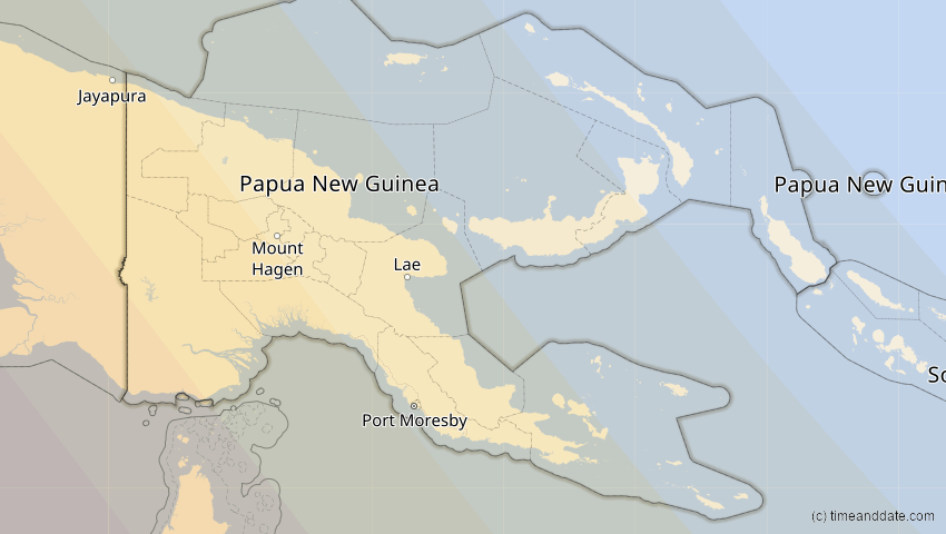 A map of Papua-Neuguinea, showing the path of the 14. Okt 2042 Ringförmige Sonnenfinsternis