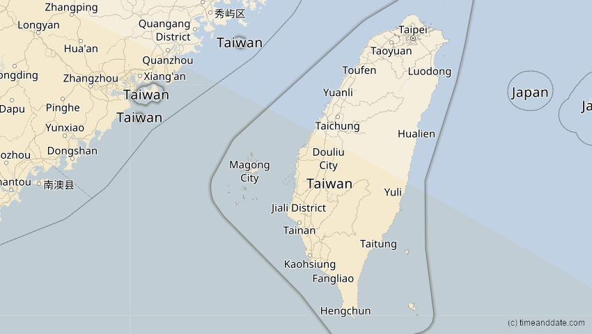 A map of Taiwan, showing the path of the 14. Okt 2042 Ringförmige Sonnenfinsternis