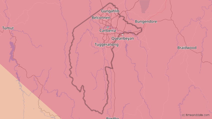 A map of Australian Capital Territory, Australien, showing the path of the 14. Okt 2042 Ringförmige Sonnenfinsternis