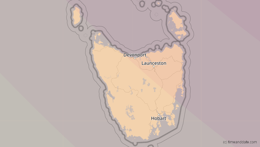 A map of Tasmanien, Australien, showing the path of the 14. Okt 2042 Ringförmige Sonnenfinsternis