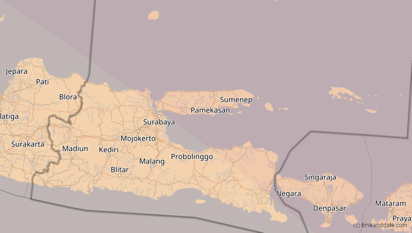 A map of Jawa Timur, Indonesien, showing the path of the 14. Okt 2042 Ringförmige Sonnenfinsternis