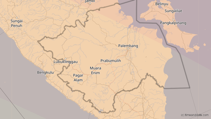 A map of Sumatera Selatan, Indonesien, showing the path of the 14. Okt 2042 Ringförmige Sonnenfinsternis