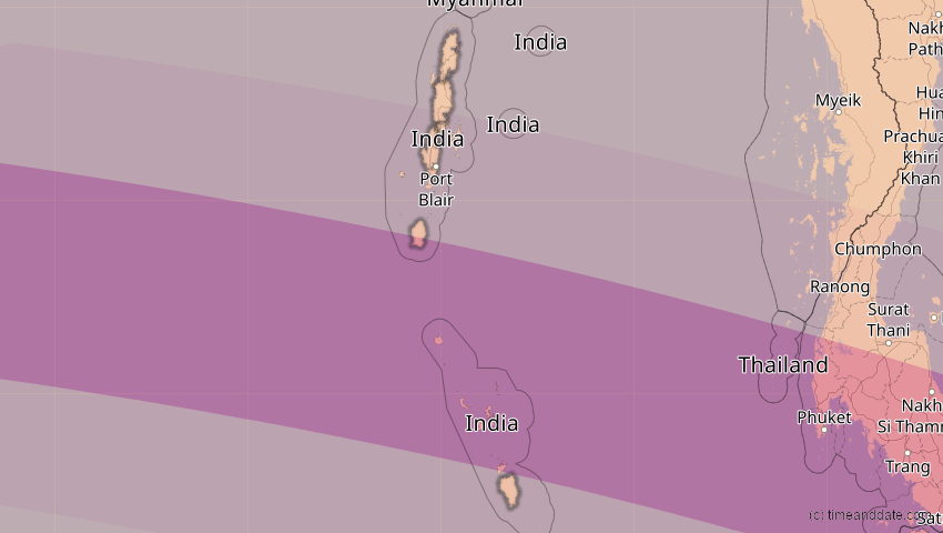 A map of Andamanen und Nikobaren, Indien, showing the path of the 14. Okt 2042 Ringförmige Sonnenfinsternis