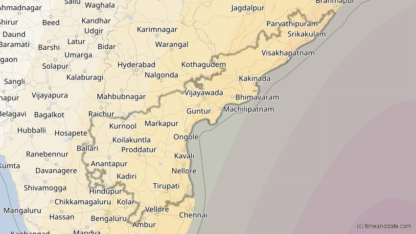 A map of Andhra Pradesh, Indien, showing the path of the 14. Okt 2042 Ringförmige Sonnenfinsternis
