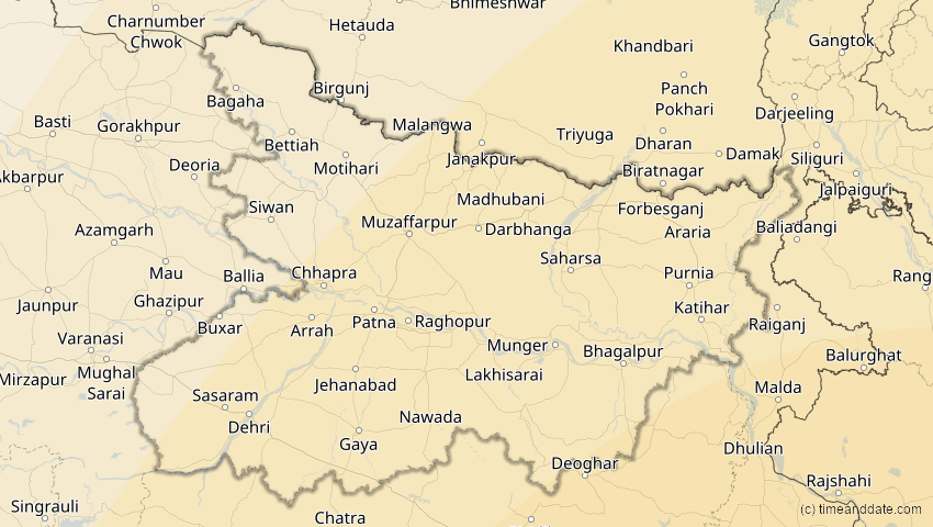 A map of Bihar, Indien, showing the path of the 14. Okt 2042 Ringförmige Sonnenfinsternis
