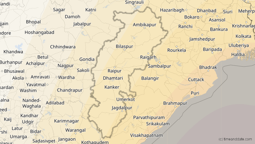 A map of Chhattisgarh, Indien, showing the path of the 14. Okt 2042 Ringförmige Sonnenfinsternis