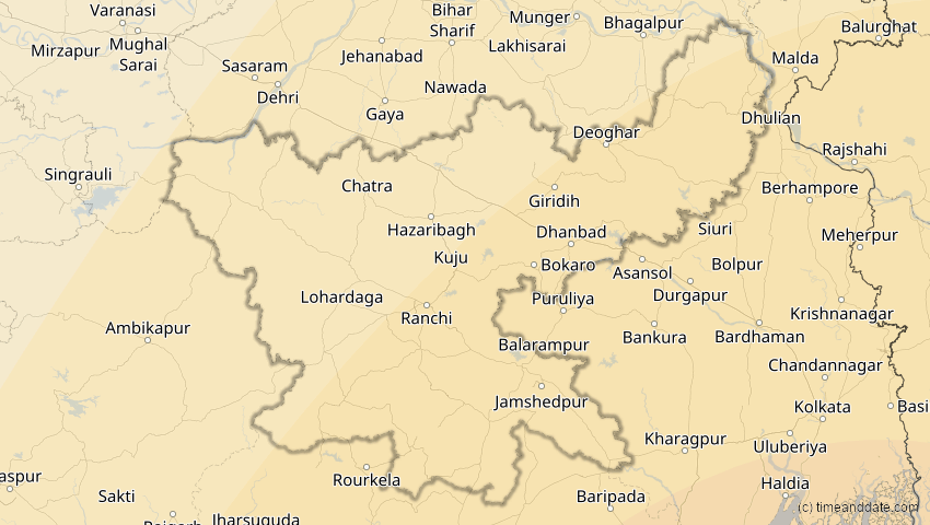 A map of Jharkhand, Indien, showing the path of the 14. Okt 2042 Ringförmige Sonnenfinsternis