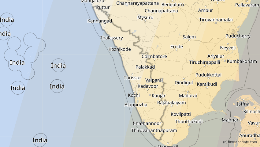 A map of Kerala, Indien, showing the path of the 14. Okt 2042 Ringförmige Sonnenfinsternis