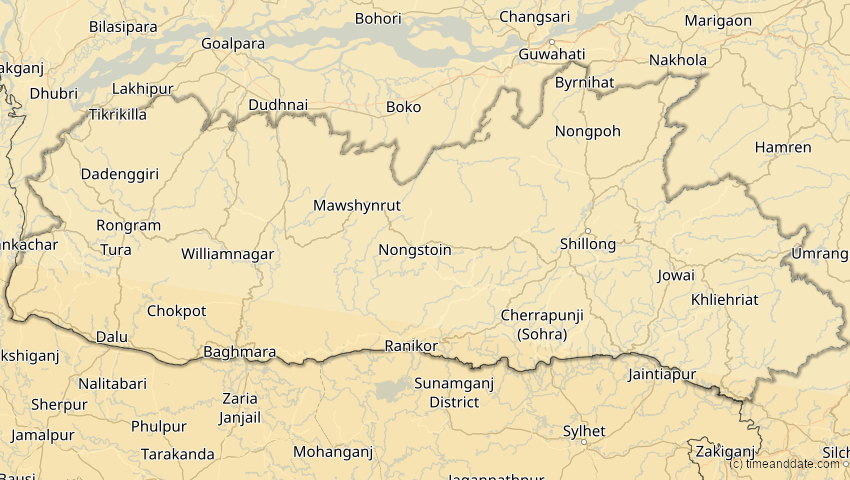 A map of Meghalaya, Indien, showing the path of the 14. Okt 2042 Ringförmige Sonnenfinsternis