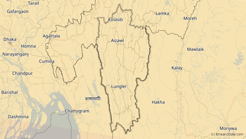 A map of Mizoram, Indien, showing the path of the 14. Okt 2042 Ringförmige Sonnenfinsternis