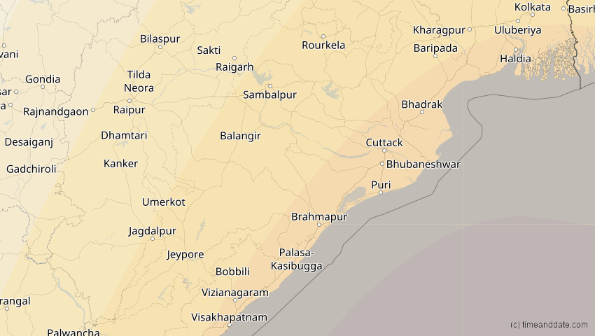 A map of Odisha, Indien, showing the path of the 14. Okt 2042 Ringförmige Sonnenfinsternis