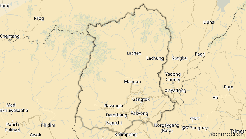 A map of Sikkim, Indien, showing the path of the 14. Okt 2042 Ringförmige Sonnenfinsternis