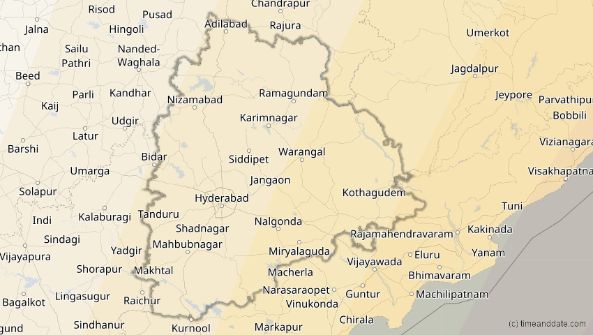 A map of Telangana, Indien, showing the path of the 14. Okt 2042 Ringförmige Sonnenfinsternis