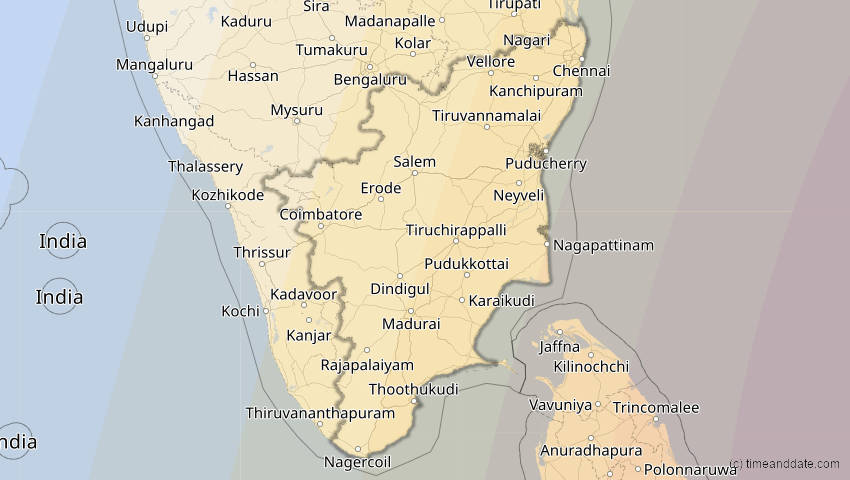 A map of Tamil Nadu, Indien, showing the path of the 14. Okt 2042 Ringförmige Sonnenfinsternis