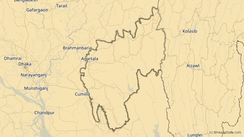 A map of Tripura, Indien, showing the path of the 14. Okt 2042 Ringförmige Sonnenfinsternis