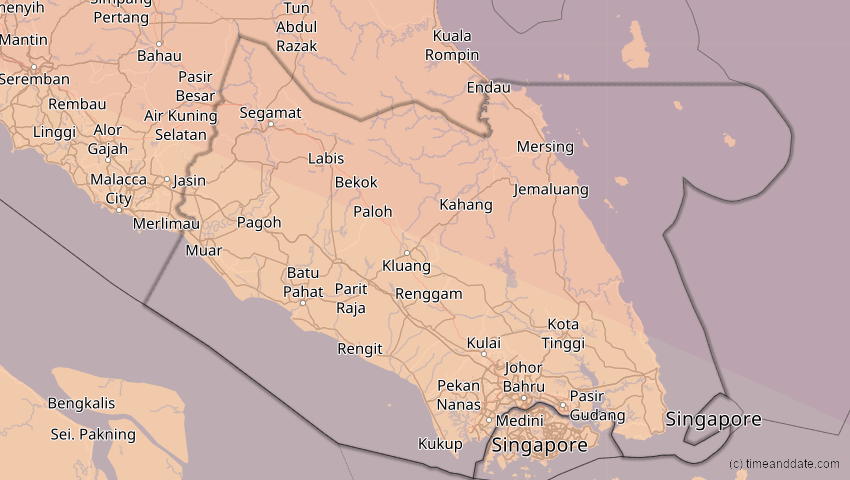 A map of Johor, Malaysia, showing the path of the 14. Okt 2042 Ringförmige Sonnenfinsternis