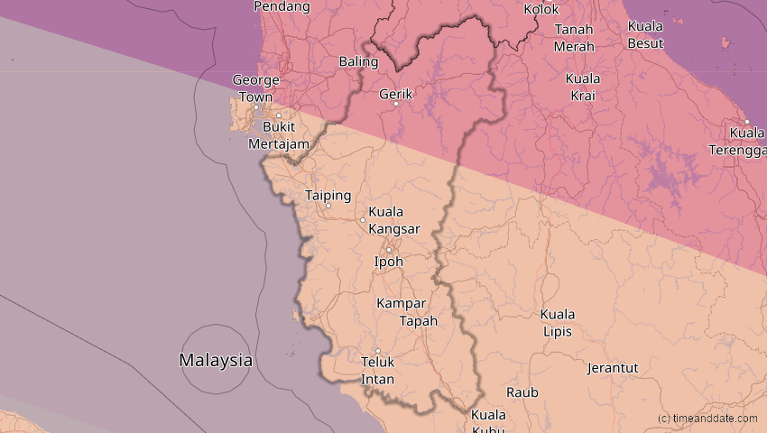 A map of Perak, Malaysia, showing the path of the 14. Okt 2042 Ringförmige Sonnenfinsternis