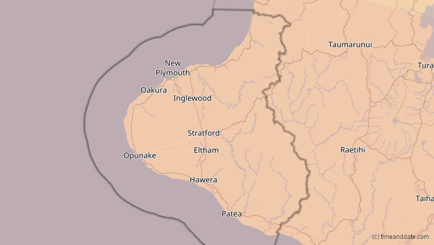 A map of Taranaki, Neuseeland, showing the path of the 14. Okt 2042 Ringförmige Sonnenfinsternis