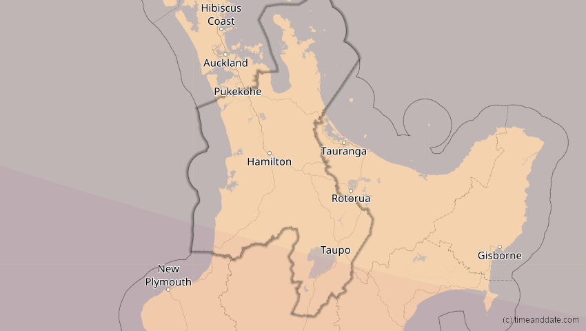A map of Waikato, Neuseeland, showing the path of the 14. Okt 2042 Ringförmige Sonnenfinsternis