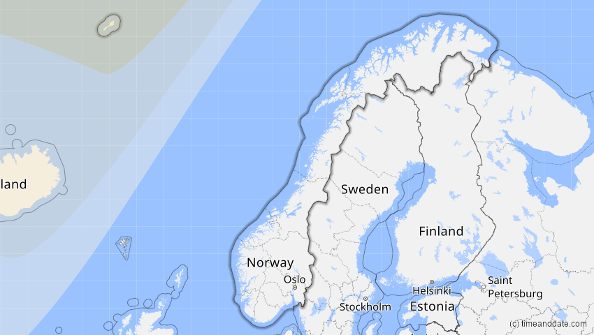 A map of Norwegen, showing the path of the 9. Apr 2043 Totale Sonnenfinsternis
