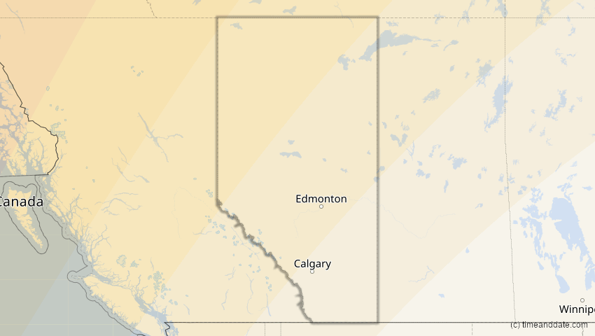 A map of Alberta, Kanada, showing the path of the 9. Apr 2043 Totale Sonnenfinsternis