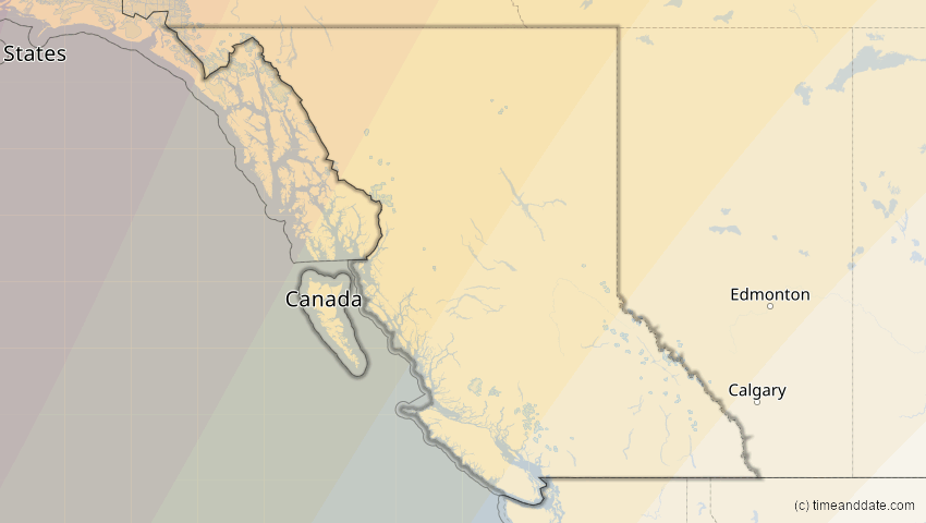 A map of British Columbia, Kanada, showing the path of the 9. Apr 2043 Totale Sonnenfinsternis