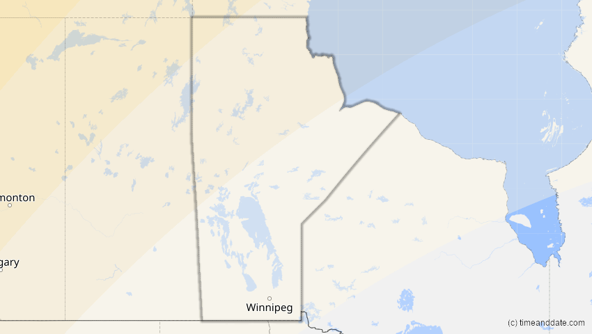 A map of Manitoba, Kanada, showing the path of the 9. Apr 2043 Totale Sonnenfinsternis