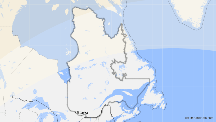 A map of Québec, Kanada, showing the path of the 9. Apr 2043 Totale Sonnenfinsternis