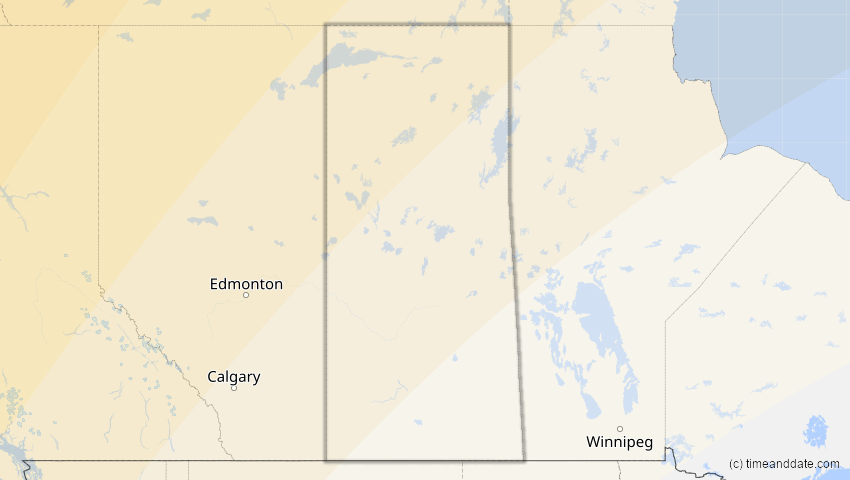 A map of Saskatchewan, Kanada, showing the path of the 9. Apr 2043 Totale Sonnenfinsternis