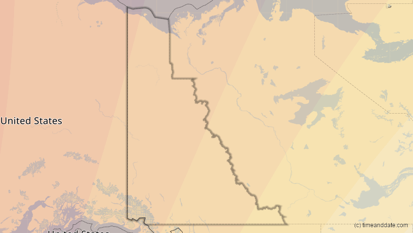 A map of Yukon, Kanada, showing the path of the 9. Apr 2043 Totale Sonnenfinsternis