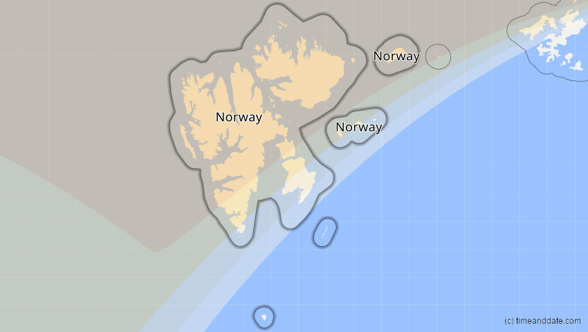 A map of Spitzbergen, Norwegen, showing the path of the 9. Apr 2043 Totale Sonnenfinsternis