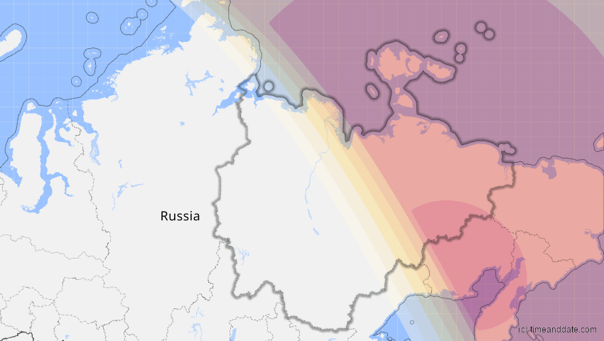 A map of Sacha (Jakutien), Russland, showing the path of the 10. Apr 2043 Totale Sonnenfinsternis