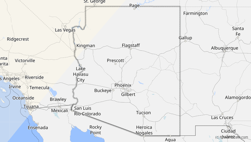 A map of Arizona, USA, showing the path of the 9. Apr 2043 Totale Sonnenfinsternis