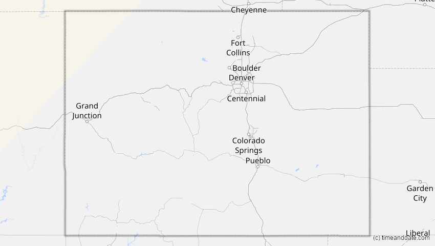 A map of Colorado, USA, showing the path of the 9. Apr 2043 Totale Sonnenfinsternis