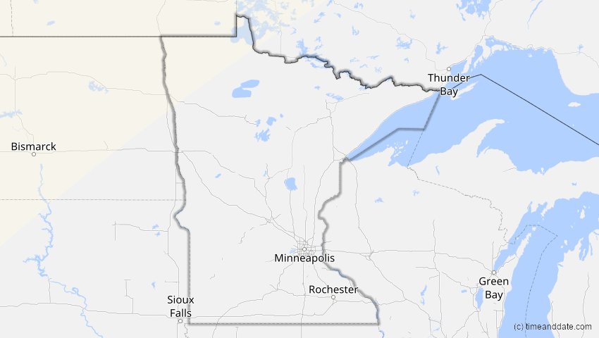 A map of Minnesota, USA, showing the path of the 9. Apr 2043 Totale Sonnenfinsternis