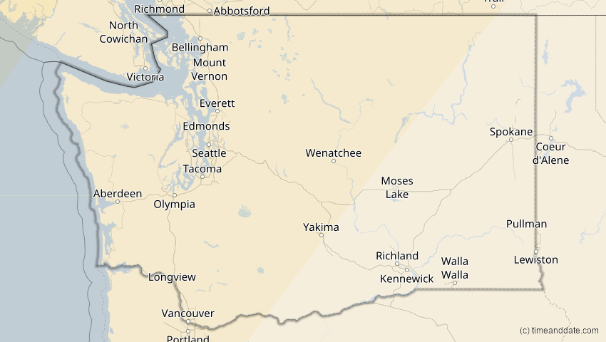 A map of Washington, USA, showing the path of the 9. Apr 2043 Totale Sonnenfinsternis