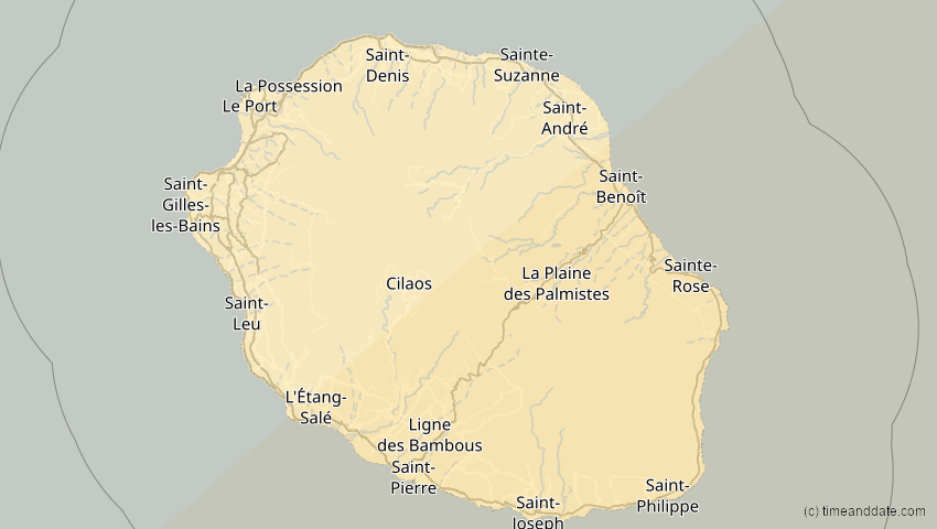 A map of Réunion, showing the path of the 3. Okt 2043 Ringförmige Sonnenfinsternis