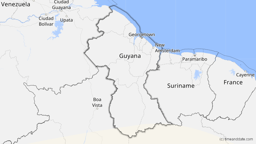 A map of Guyana, showing the path of the 28. Feb 2044 Ringförmige Sonnenfinsternis