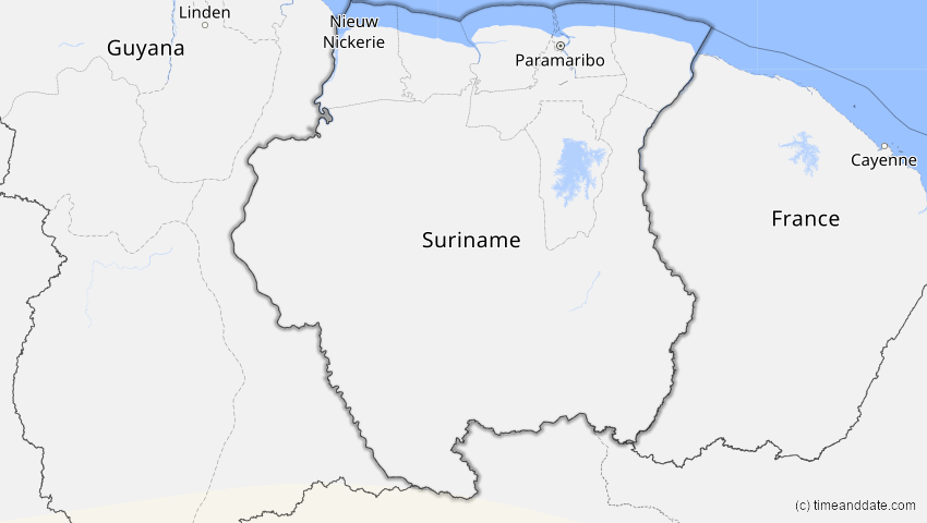 A map of Suriname, showing the path of the 28. Feb 2044 Ringförmige Sonnenfinsternis