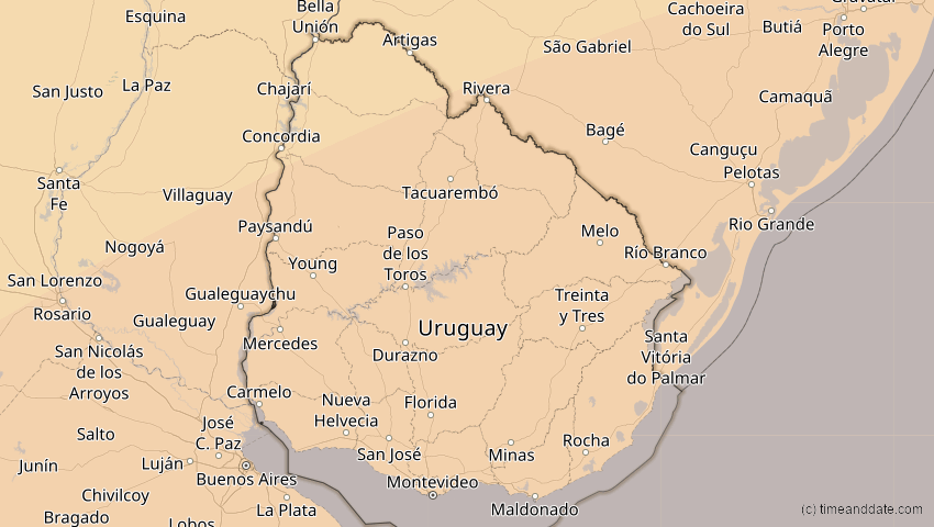 A map of Uruguay, showing the path of the 28. Feb 2044 Ringförmige Sonnenfinsternis