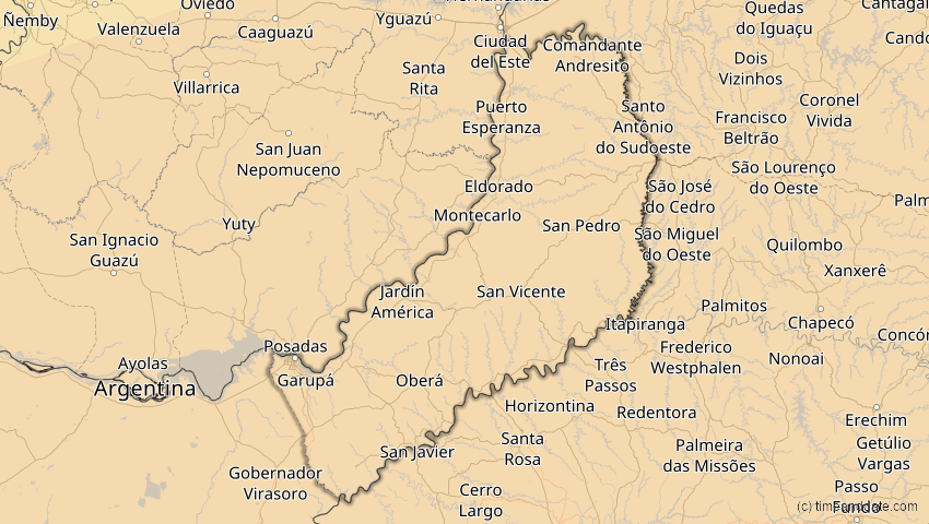 A map of Misiones, Argentinien, showing the path of the 28. Feb 2044 Ringförmige Sonnenfinsternis