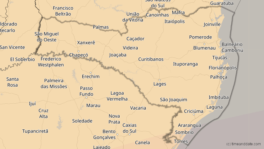 A map of Santa Catarina, Brasilien, showing the path of the 28. Feb 2044 Ringförmige Sonnenfinsternis