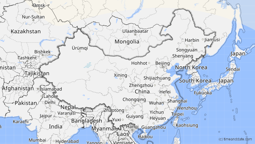 A map of China, showing the path of the 23. Aug 2044 Totale Sonnenfinsternis