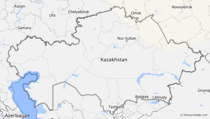 A map of Kasachstan, showing the path of the 23. Aug 2044 Totale Sonnenfinsternis