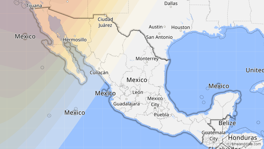 A map of Mexiko, showing the path of the 22. Aug 2044 Totale Sonnenfinsternis