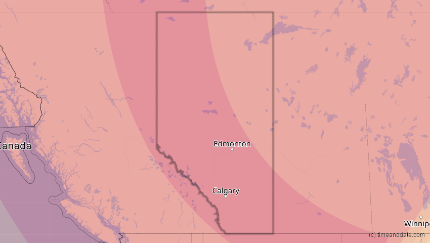 A map of Alberta, Kanada, showing the path of the 22. Aug 2044 Totale Sonnenfinsternis