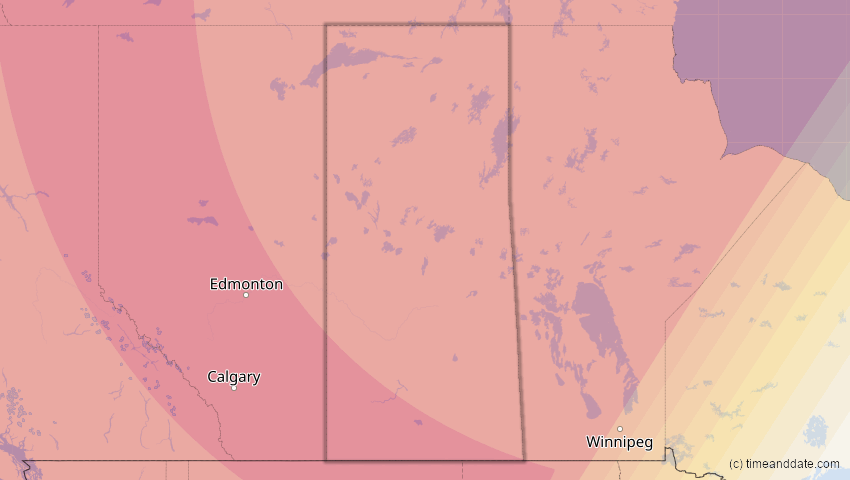 A map of Saskatchewan, Kanada, showing the path of the 22. Aug 2044 Totale Sonnenfinsternis