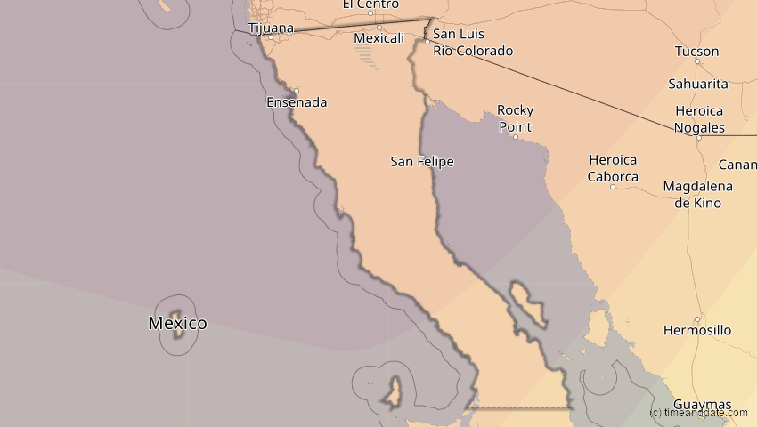 A map of Baja California, Mexiko, showing the path of the 22. Aug 2044 Totale Sonnenfinsternis