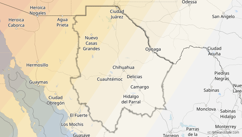 A map of Chihuahua, Mexiko, showing the path of the 22. Aug 2044 Totale Sonnenfinsternis