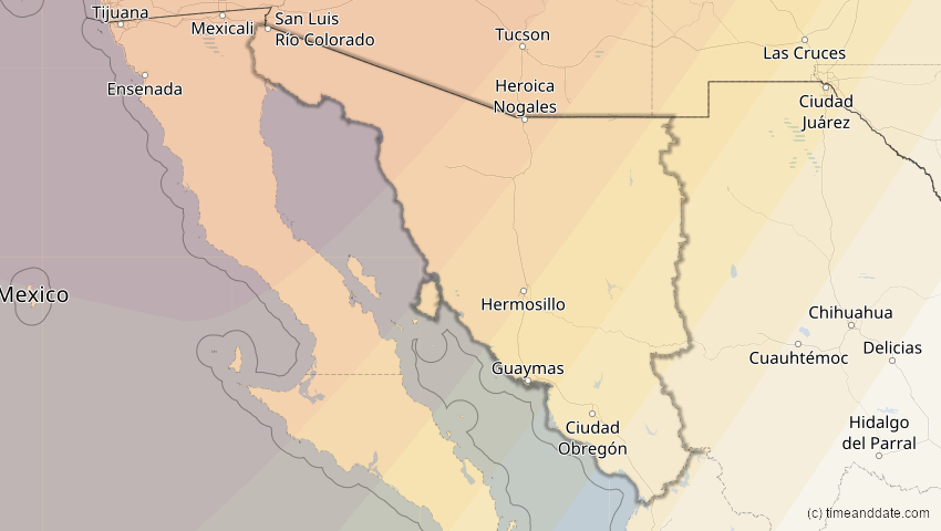 A map of Sonora, Mexiko, showing the path of the 22. Aug 2044 Totale Sonnenfinsternis